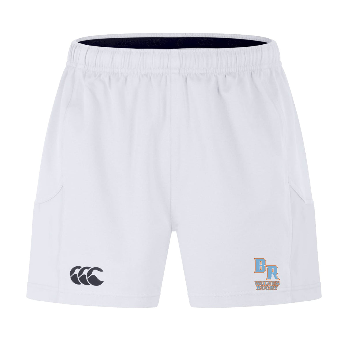 The Ballantyne Ridge Wolves Advantage Short 2.0 by EMB Canterbury features an elastic waistband, black and blue embroidered logos, and side pockets—sustainable athletic shorts for ultimate comfort during training.