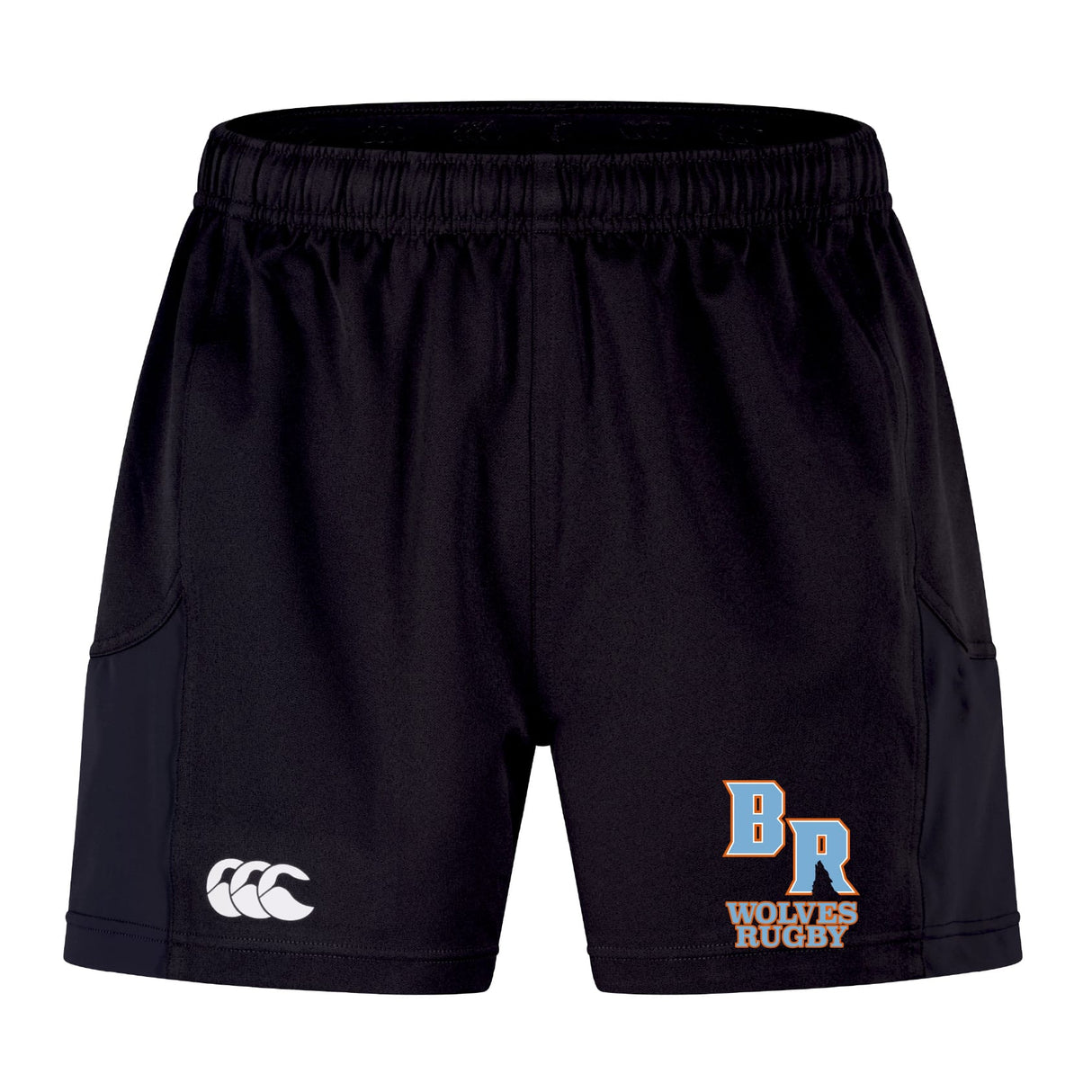 The Ballantyne Ridge Wolves Advantage Short 2.0 by EMB Canterbury features an elastic waistband, a Canterbury logo on the left leg, and a "BR Wolves Rugby" logo on the right leg.
