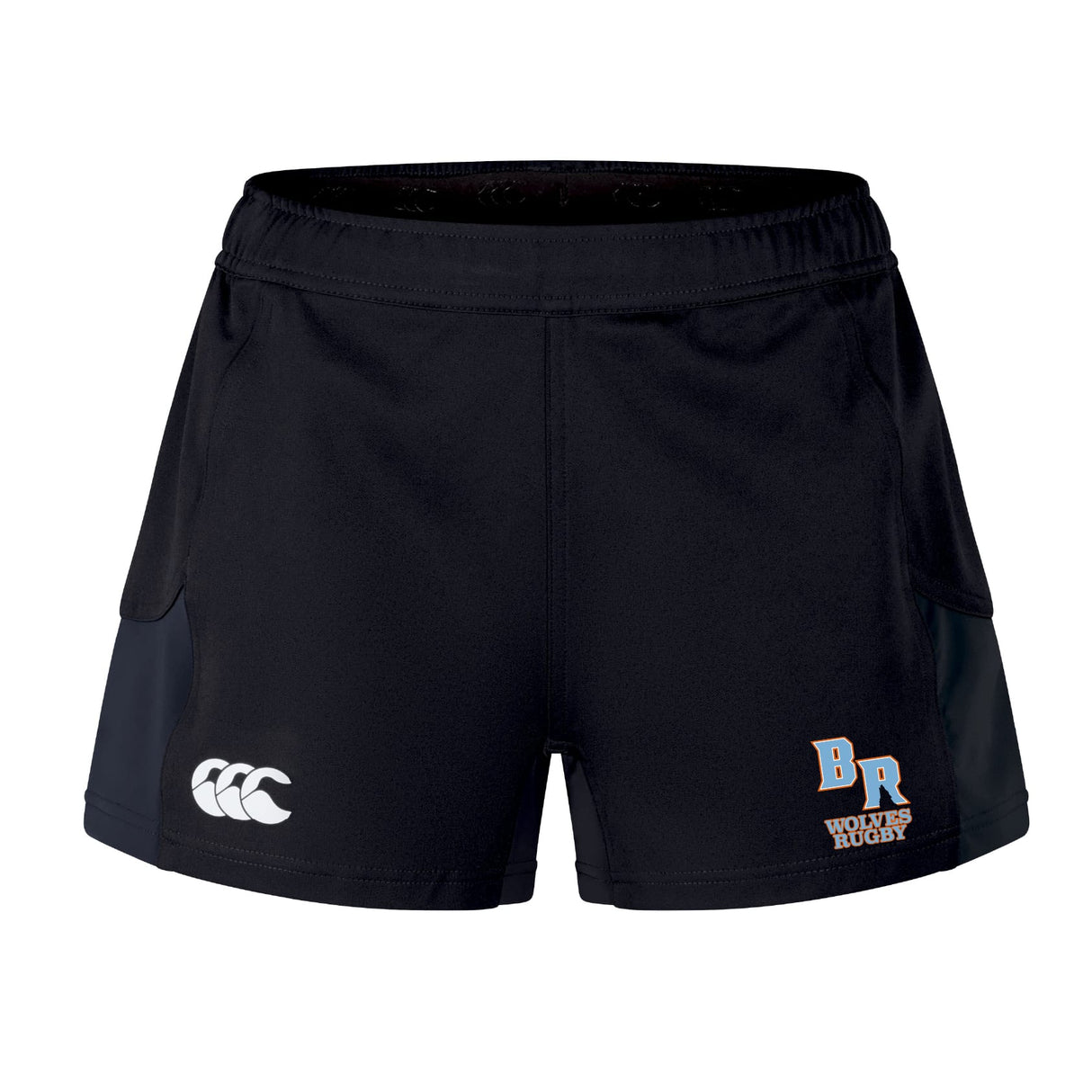 The Ballantyne Ridge Wolves Women's Advantage Short 2.0 by EMB Canterbury features black recycled fabric, blue side panels, a white CCC logo on the left leg, and "BR Wolves Rugby" text with logo on the right.