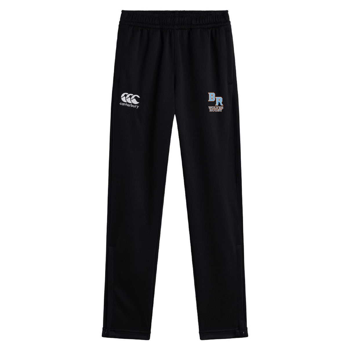 The Ballantyne Ridge Wolves Stretch Tapered Pant by EMB Canterbury features an elastic waistband, Canterbury logo (left), "BR Rugby" logo (right thigh), and quick dry finish for high-performance men's workouts.