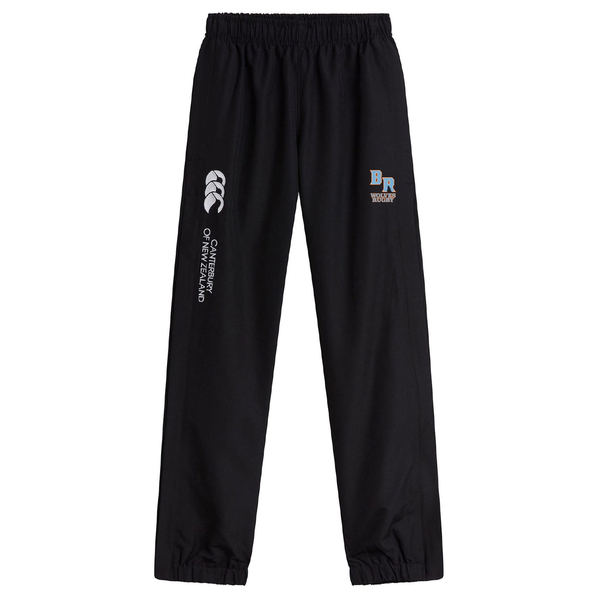 The Ballantyne Ridge Wolves Cuffed Hem Stadium Pant by Canterbury features an elastic waistband and logos on each thigh—ideal for rugby fans. Shown on a white background. Brand: EMB Canterbury.