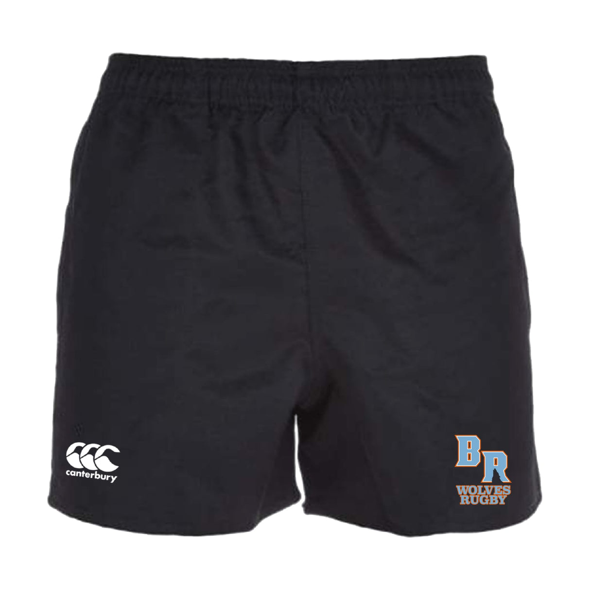 The Ballantyne Ridge Wolves Advantage Rugby Shorts by EMB Canterbury feature an elastic waistband, moisture-wicking fabric, the Canterbury logo on the left leg, and BR Wolves Rugby logo on the right, designed for comfort.