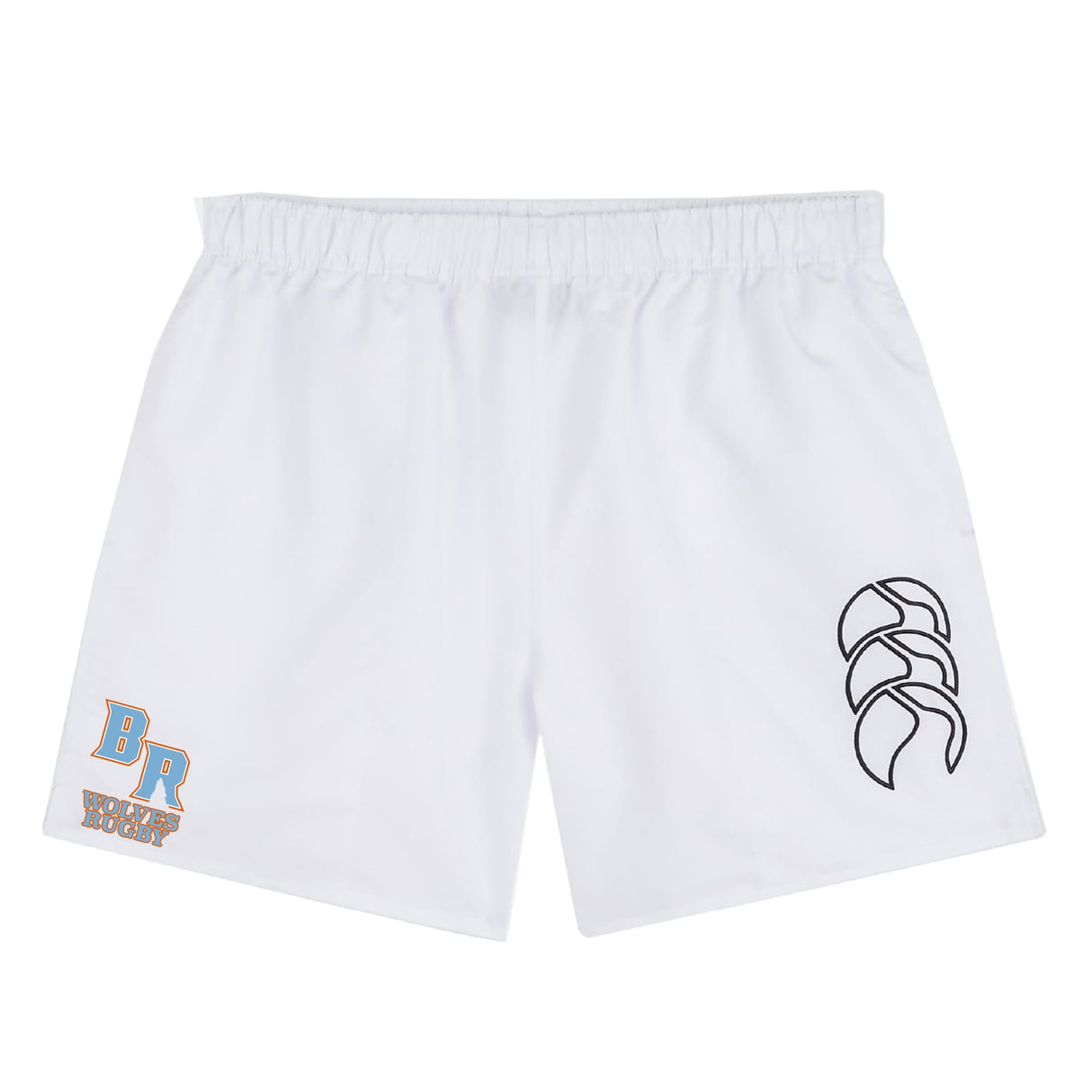 The Ballantyne Ridge Wolves Tactic Short by EMB Canterbury features an elastic waistband, a bold black logo on the right leg, and "BR VOLLEYBALL WOOD CUP" in blue and gold on the left—ideal for fans of rugby shorts style.