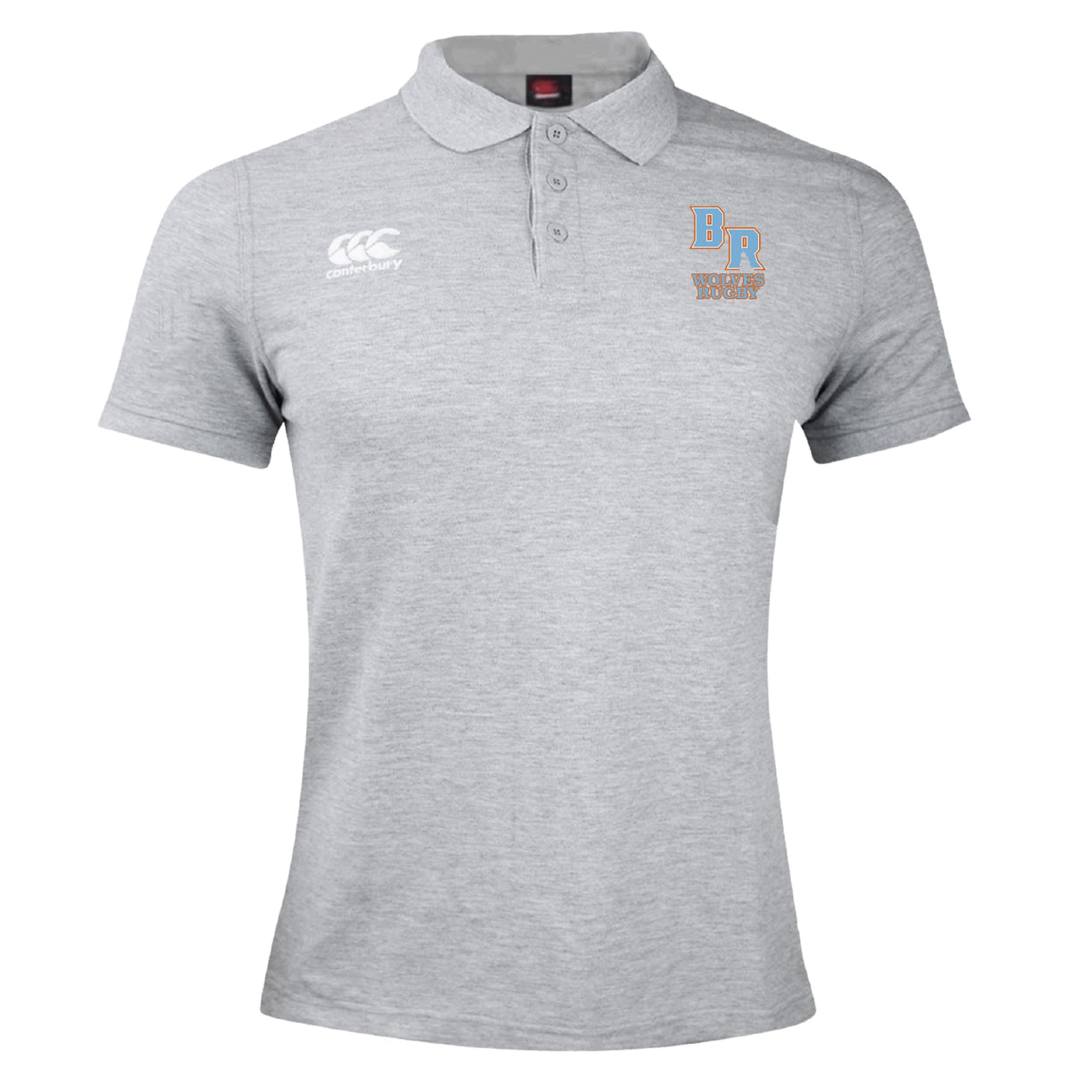 Light grey short-sleeve men's polo with collar, three buttons, white EMB Canterbury logo, and "Ballantyne Ridge Wolves" crest—classic style from the Ballantyne Ridge Wolves Waimak Polo by Canterbury.