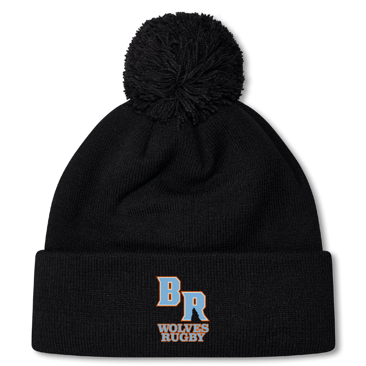 The Ballantyne Ridge Wolves Pom Pom Beanie by EMB Canterbury features a black knit design with cozy fleece lining and "BR Wolves Rugby" embroidered in blue and orange on the front cuff.