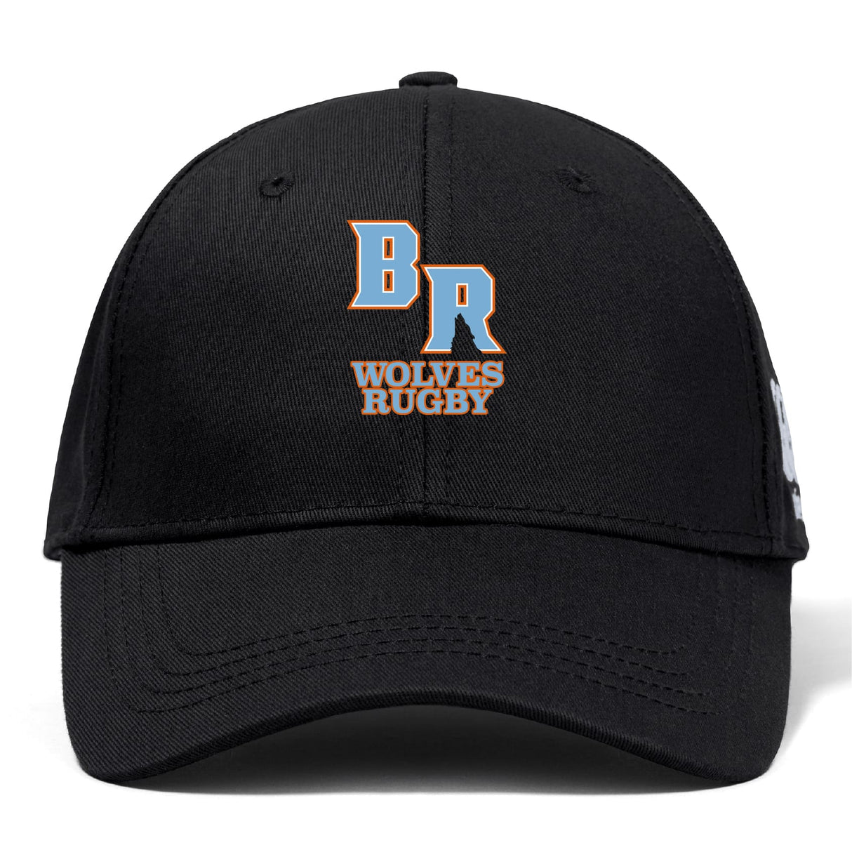 The Ballantyne Ridge Wolves Flexfit Drill Cap by EMB Canterbury is a black cap with a curved brim, featuring an embroidered "BR" and "Wolves Rugby" in orange and white on the front.