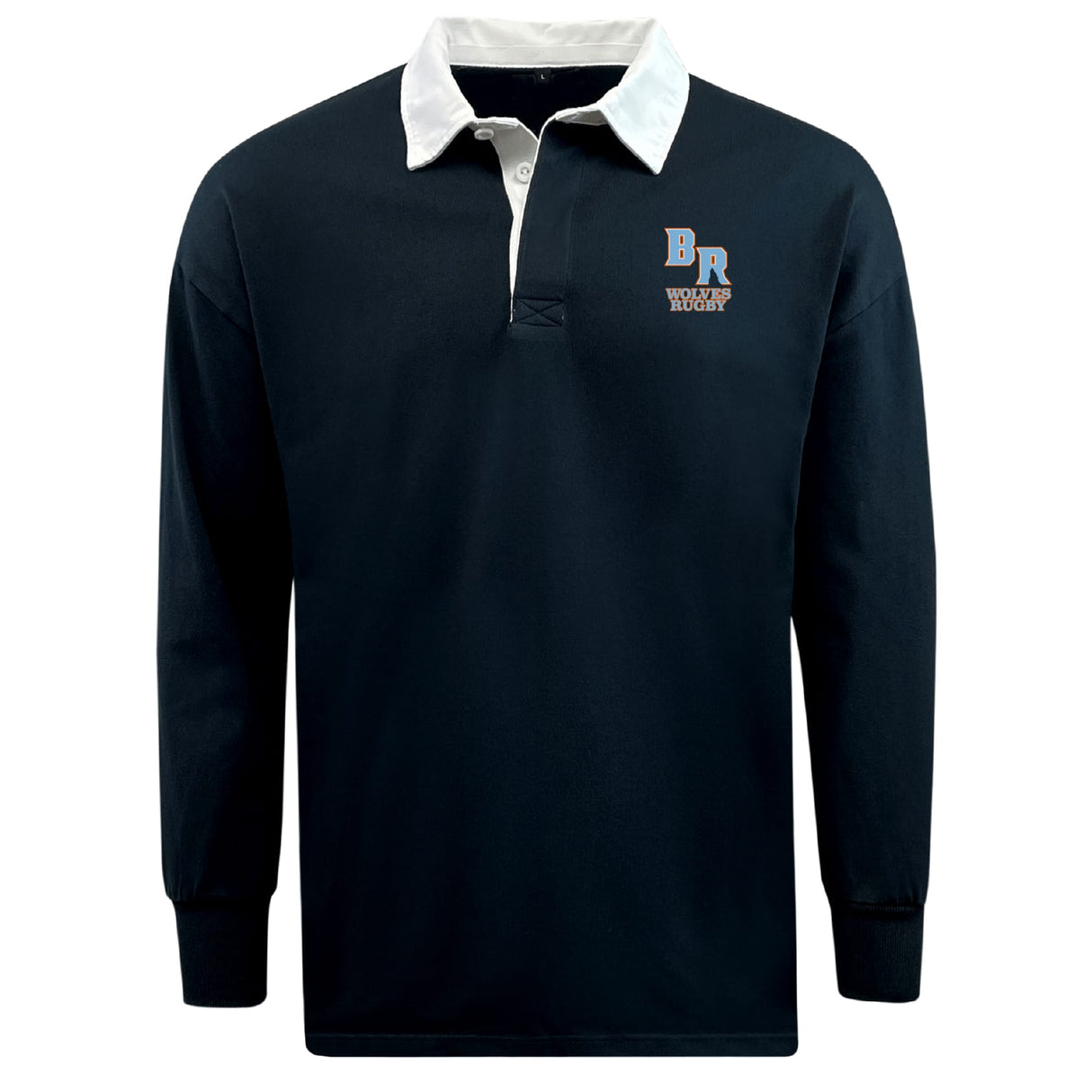 The EMB Mudoo Ballantyne Ridge Wolves Classic Long Sleeve Solid Rugby Jersey features a navy blue design with white collar and cuffs plus a "BR Wolves Rugby" logo on the left chest.