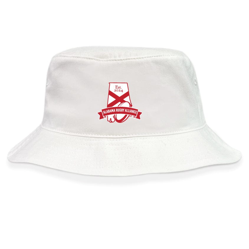 The Alabama Rugby Alliance Crusher Bucket Cap by EMB S&S Activewear features a white cotton twill build with a red logo of Alabama, a rugby ball, and the text "Alabama Rugby Alliance" and "Est. 2024.” Ideal sun protection for any occasion.