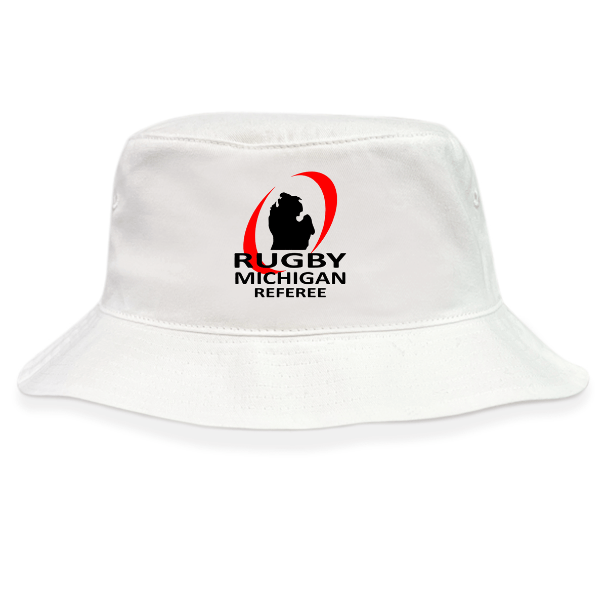 The Rugby Michigan Referee Society Crusher Bucket Cap by EMB S&S Activewear features a "Rugby Michigan Referee" logo with a black Michigan silhouette and red oval—ideal for sun protection at matches.