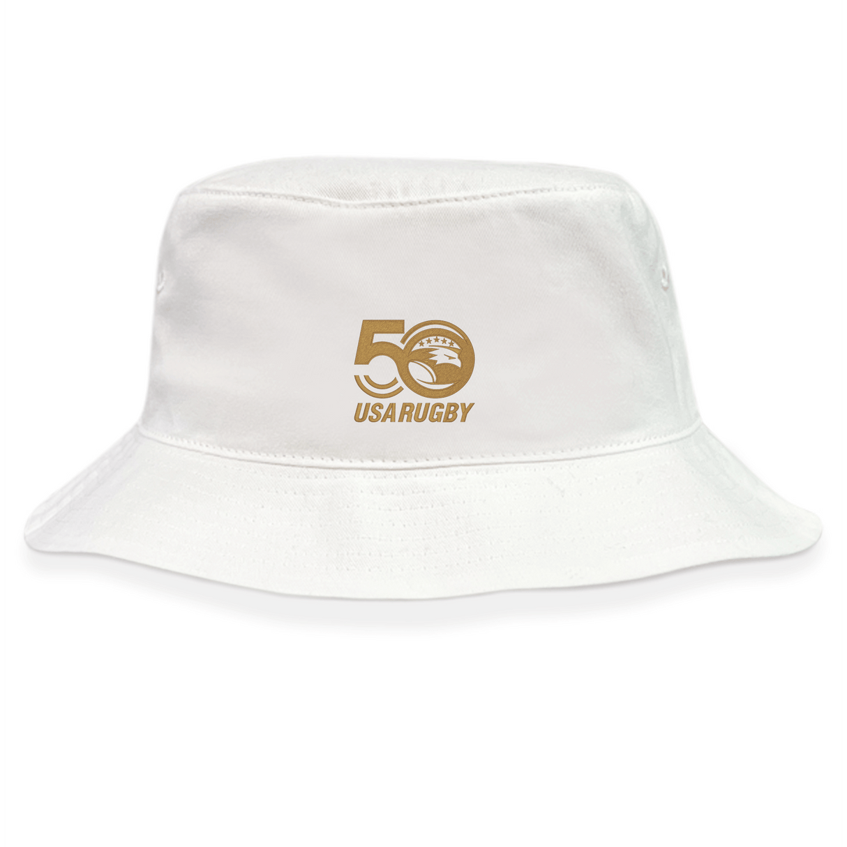The EMB S&S Activewear USA Rugby 50th Anniversary Crusher Bucket Cap features an embroidered "50 USA Rugby" logo on the front, celebrating five decades of USA Rugby.