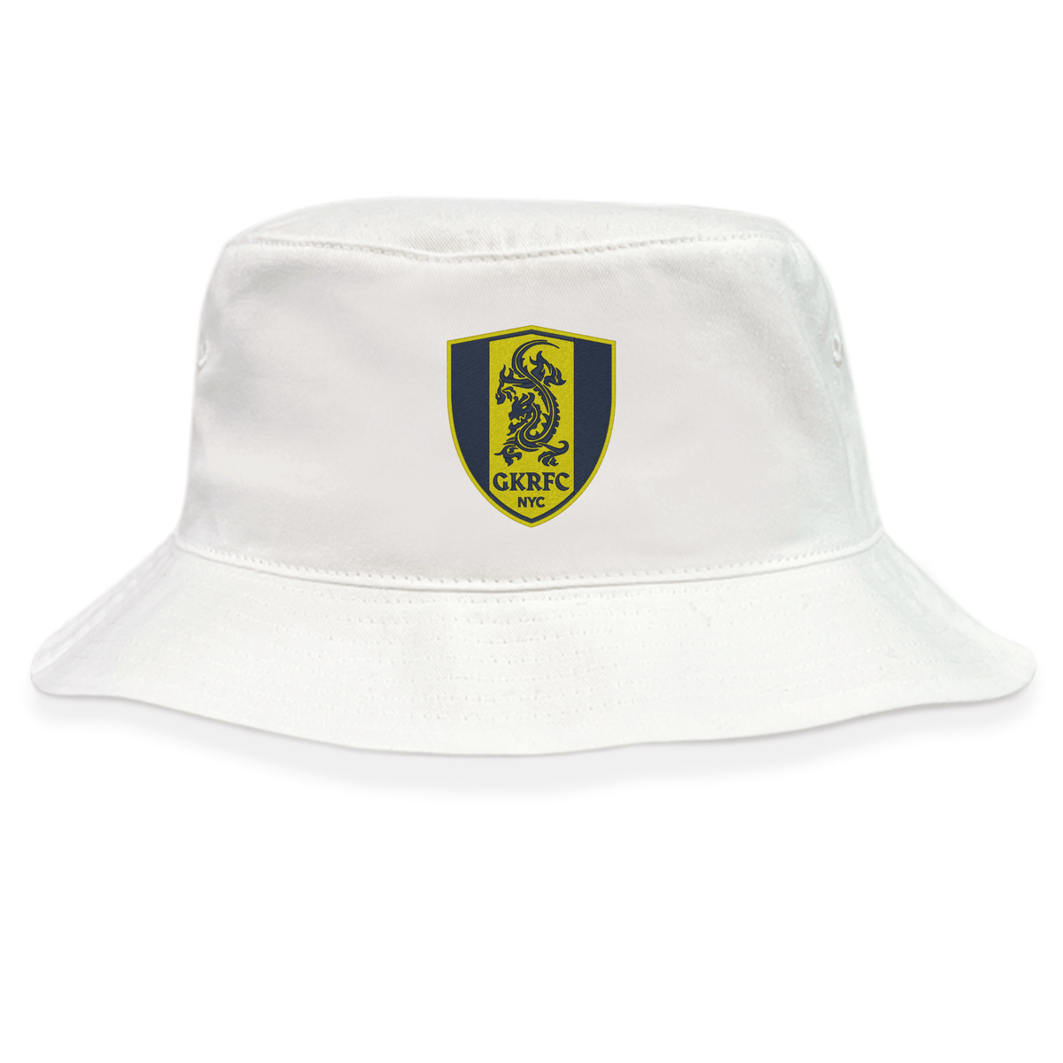 The Gotham Knights Crusher Bucket Cap by EMB S&S Activewear is a white cotton twill hat with a yellow and black lion shield emblem and "GKRFC NYC" on the front, combining classic style with sun protection.