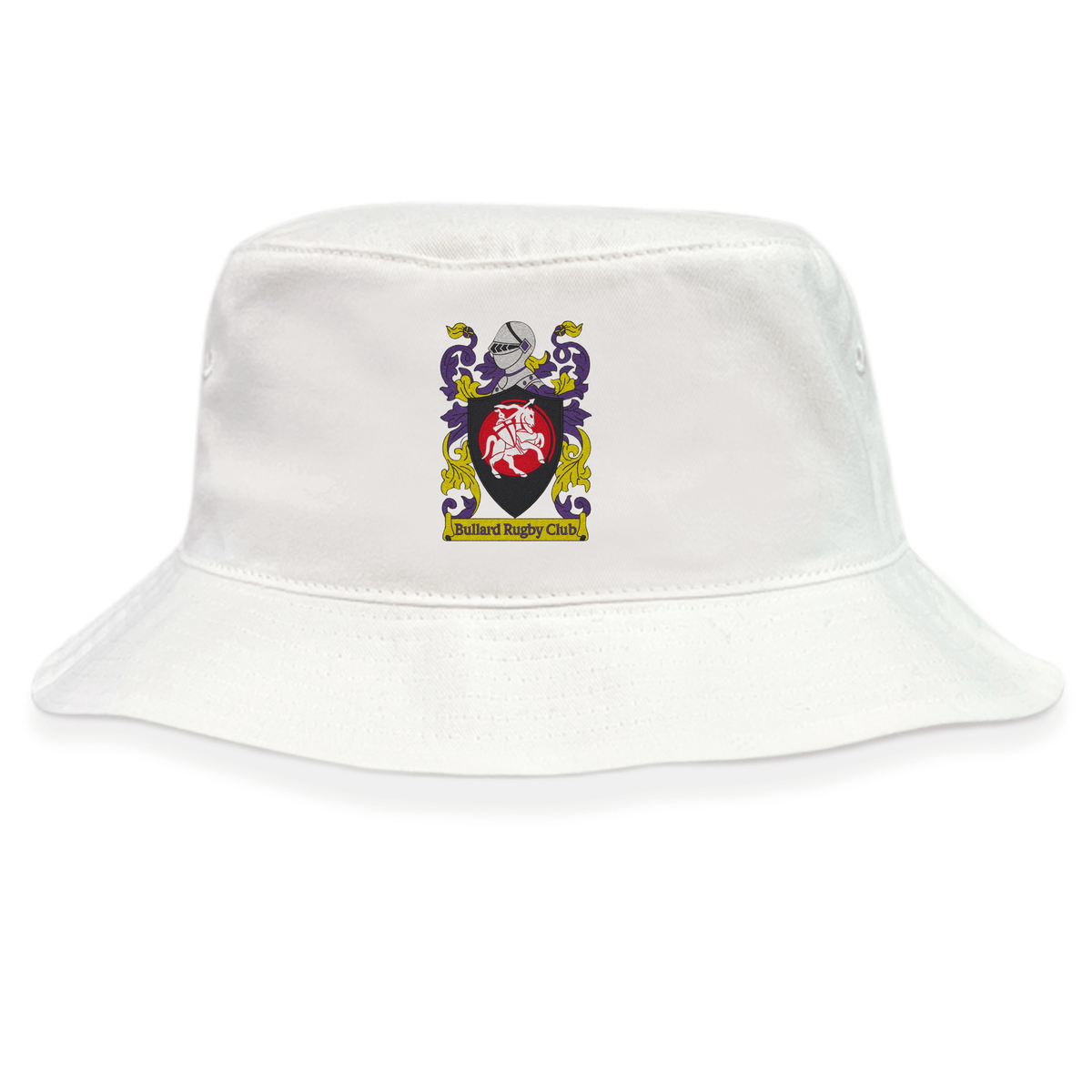 The Bullard Rugby Crusher Bucket Cap by EMB S&S Activewear is a white cotton twill hat with a colorful crest—red shield and helmet—and "Thailand Rugby Club" text, providing excellent sun protection.