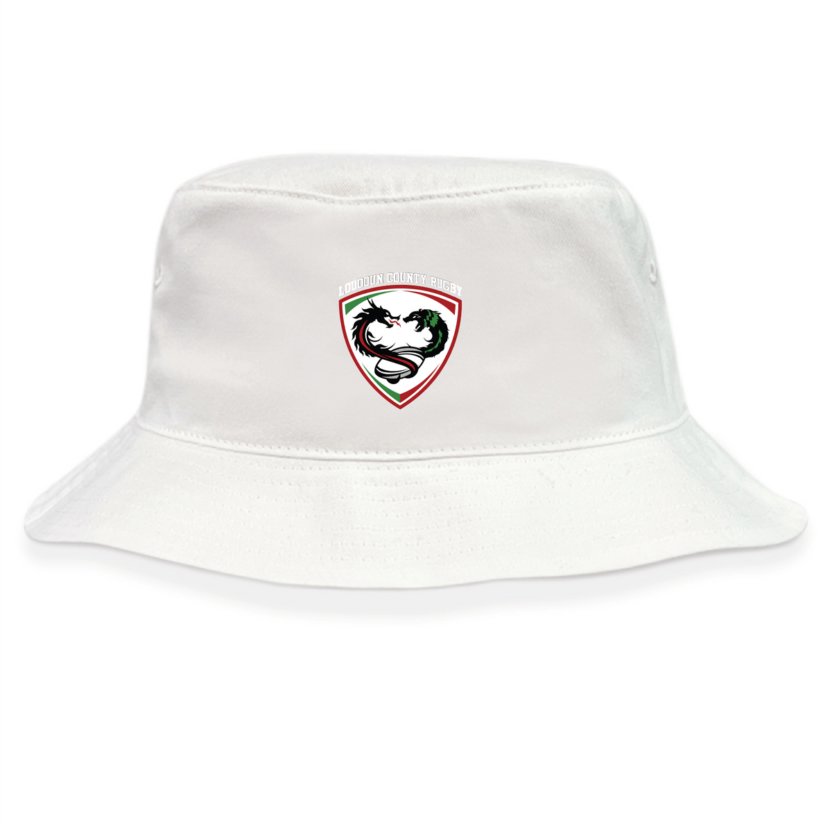 The Loudoun Crusher Bucket Cap by EMB S&S Activewear is a white cotton twill hat with a shield logo featuring a horse head, palm trees, and rugby ball—perfect for sun protection.