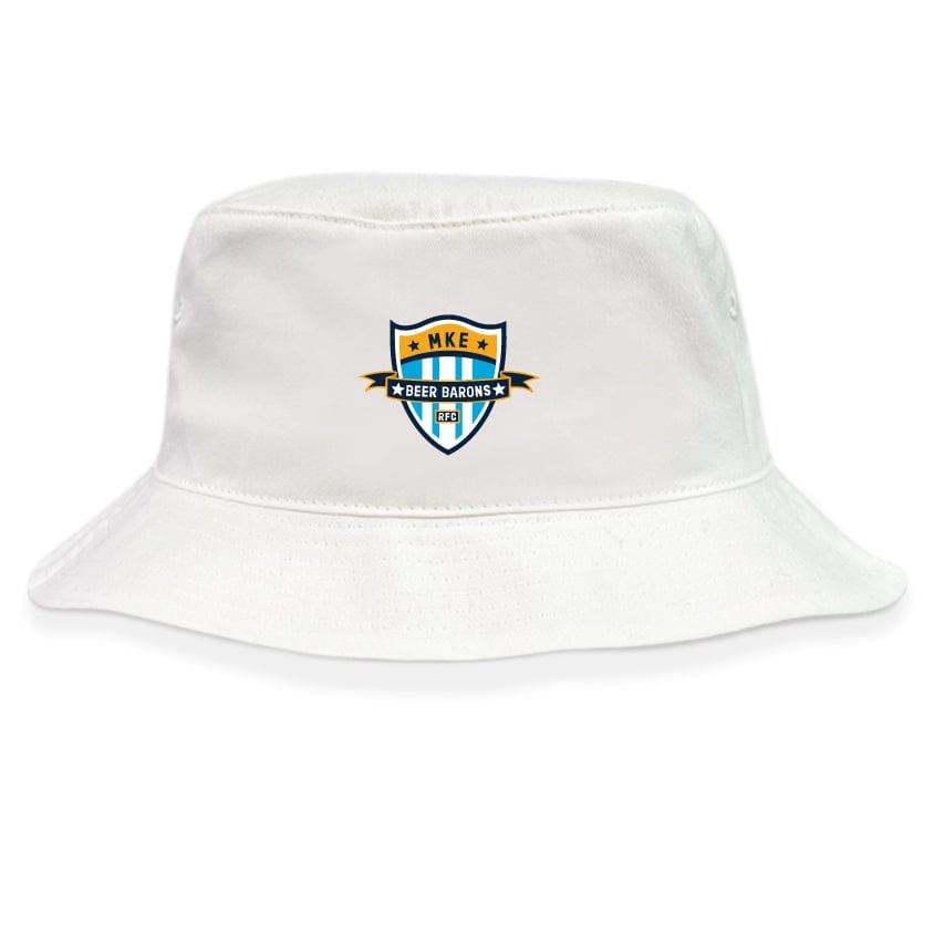 The EMB S&S Activewear Milwaukee Beer Barons RFC Crusher Bucket Cap is a white cotton twill bucket hat with blue and gold logo accents, offering casual style and sun protection.