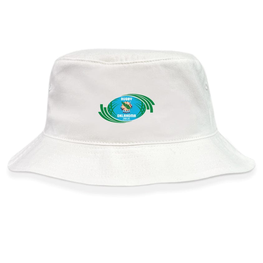 The Rugby Oklahoma Crusher Bucket Cap by EMB S&S Activewear is a white cotton twill hat with a circular blue, green, and white Rugby Oklahoma logo on the front, combining style and sun protection.