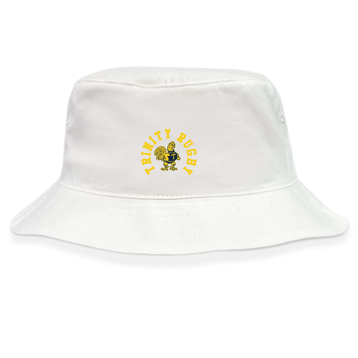 The Trinity College Crusher Bucket Cap by EMB S&S Activewear is a white cotton twill hat featuring a small yellow "Trinity Rugby" logo and rugby player graphic on the front, combining sporty style with sun protection.