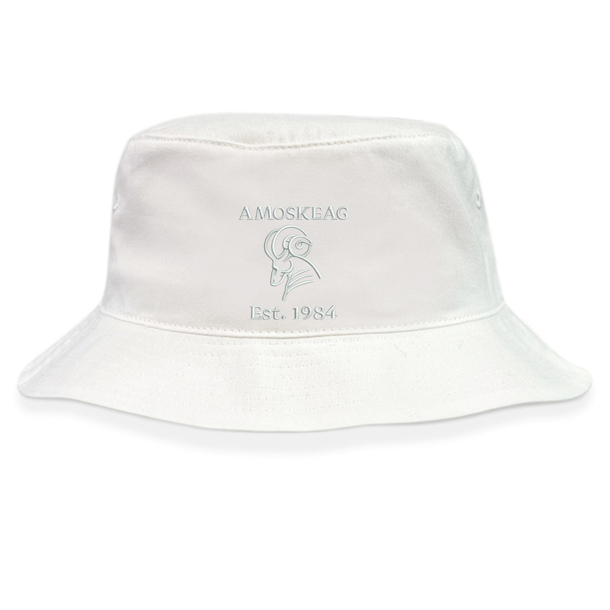 The EMB S&S Activewear Amoskeag Rugby Club Crusher Bucket Cap features white cotton twill, "AMOSKEAG," a ram’s head, and "Est. 1984" embroidery—stylish sun protection for any occasion.