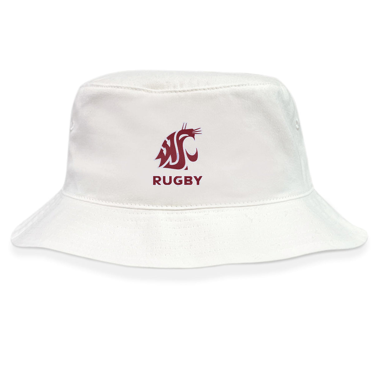 The Washington State University Crusher Bucket Cap by EMB S&S Activewear is a white cotton twill hat with a maroon rugby-themed logo and "RUGBY" on the front, combining classic style and sun protection.
