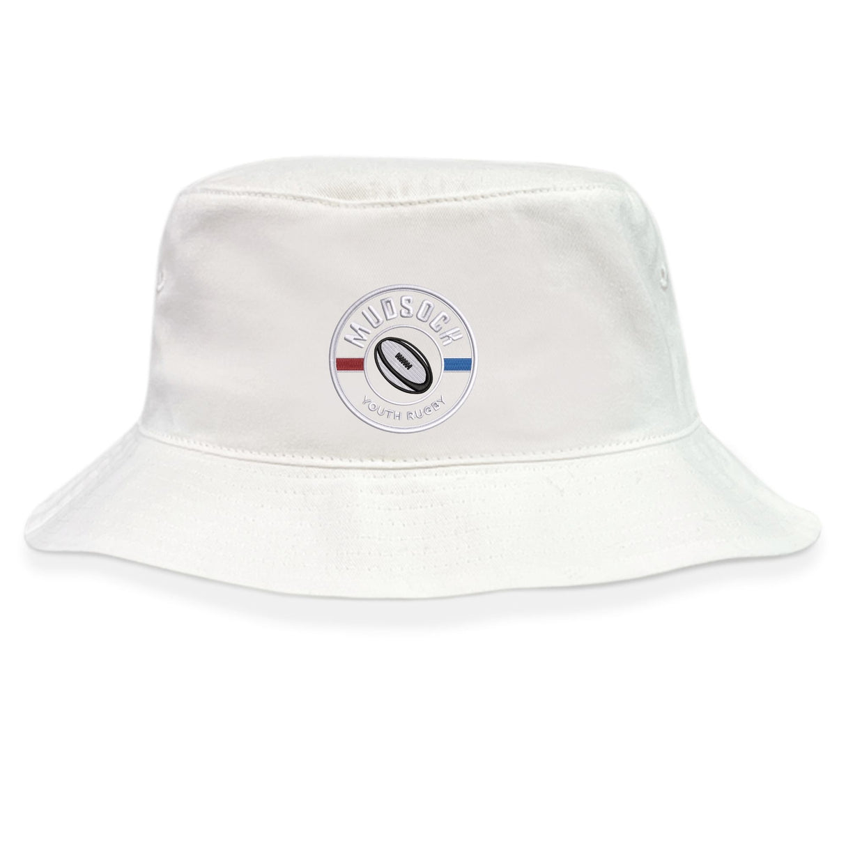 The Mudsock Rugby Crusher Bucket Cap by EMB S&S Activewear is a white cotton twill hat with a circular "MUDSOCK YOUTH RUGBY" logo, a stylized rugby ball, and red and blue stripes—ideal stylish sun protection for fans.