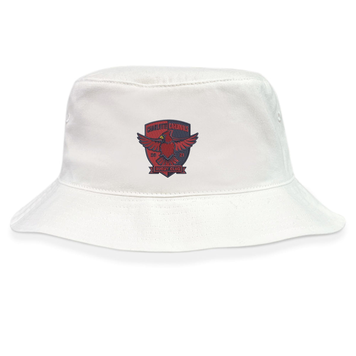 The EMB S&S Activewear Charlotte Cardinals Rugby Club Crusher Bucket Cap features a red and black logo on white cotton twill—offering stylish sun protection for any fan.