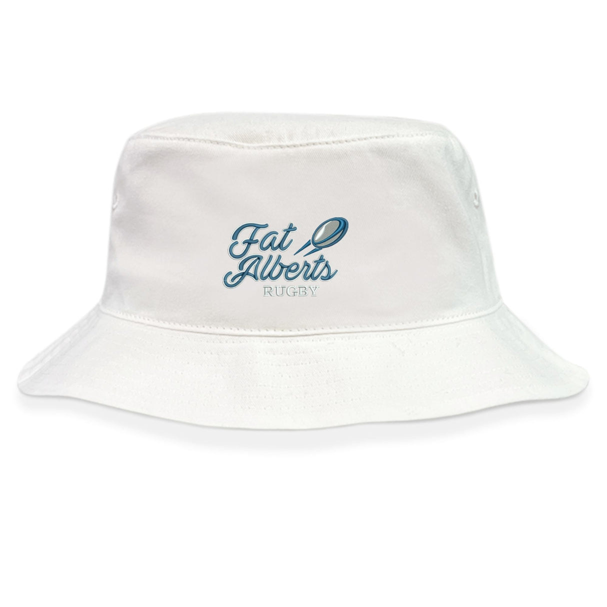 The Gulf Coast Fat Alberts Crusher Bucket Cap by EMB S&S Activewear is a white cotton twill hat featuring "Fat Alberts Rugby" and a blue rugby ball on the front, combining classic style with sun protection.