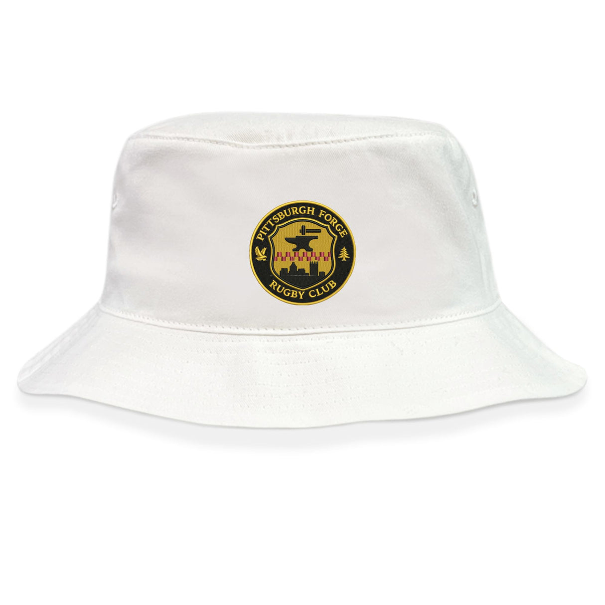 The Pittsburgh Forge Crusher Bucket Cap by EMB S&S Activewear is a white cotton twill hat with a yellow and black circular “Pittsburgh Forge Rugby Club” logo, offering classic style and sun protection.