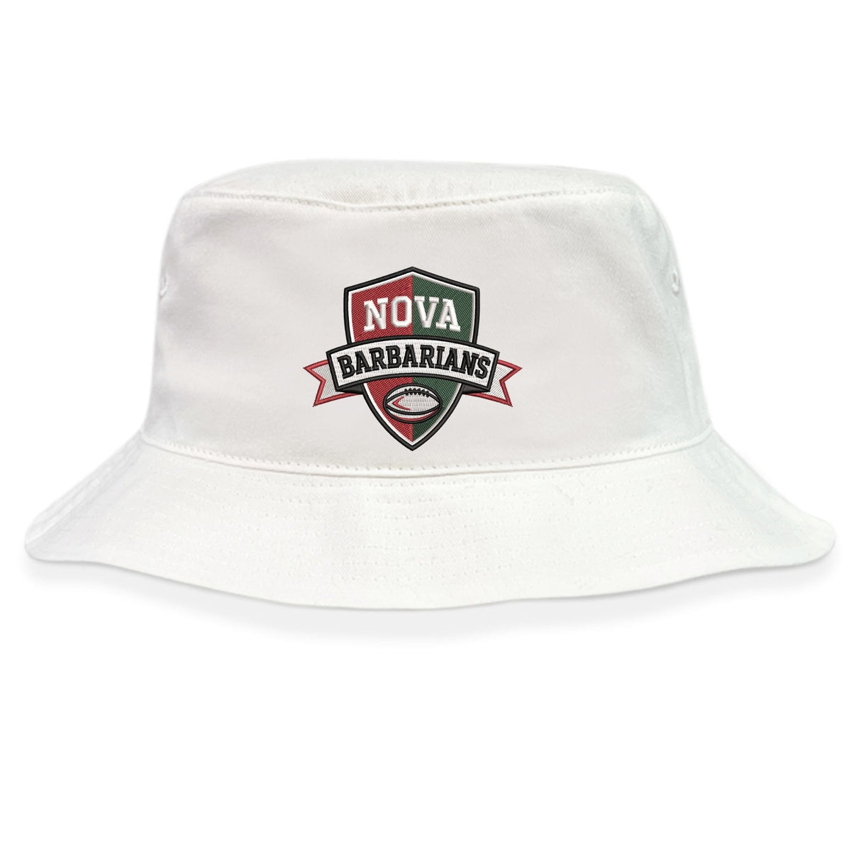 The EMB S&S Activewear NOVA Barbarians Crusher Bucket Cap features a cotton twill build and signature shield logo with rugby ball graphic, delivering classic style and sun protection.