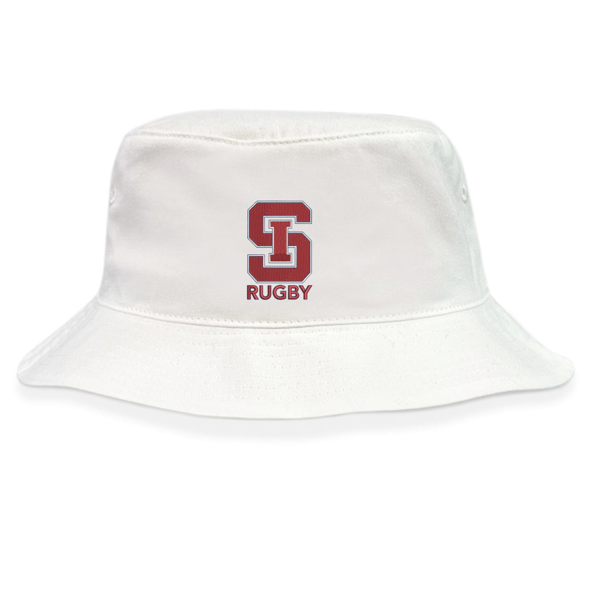 The St. Ignatius Rugby Crusher Bucket Cap by EMB S&S Activewear is a white cotton twill hat with a red and black "S" and "L" logo above "RUGBY," combining classic style with sun protection.