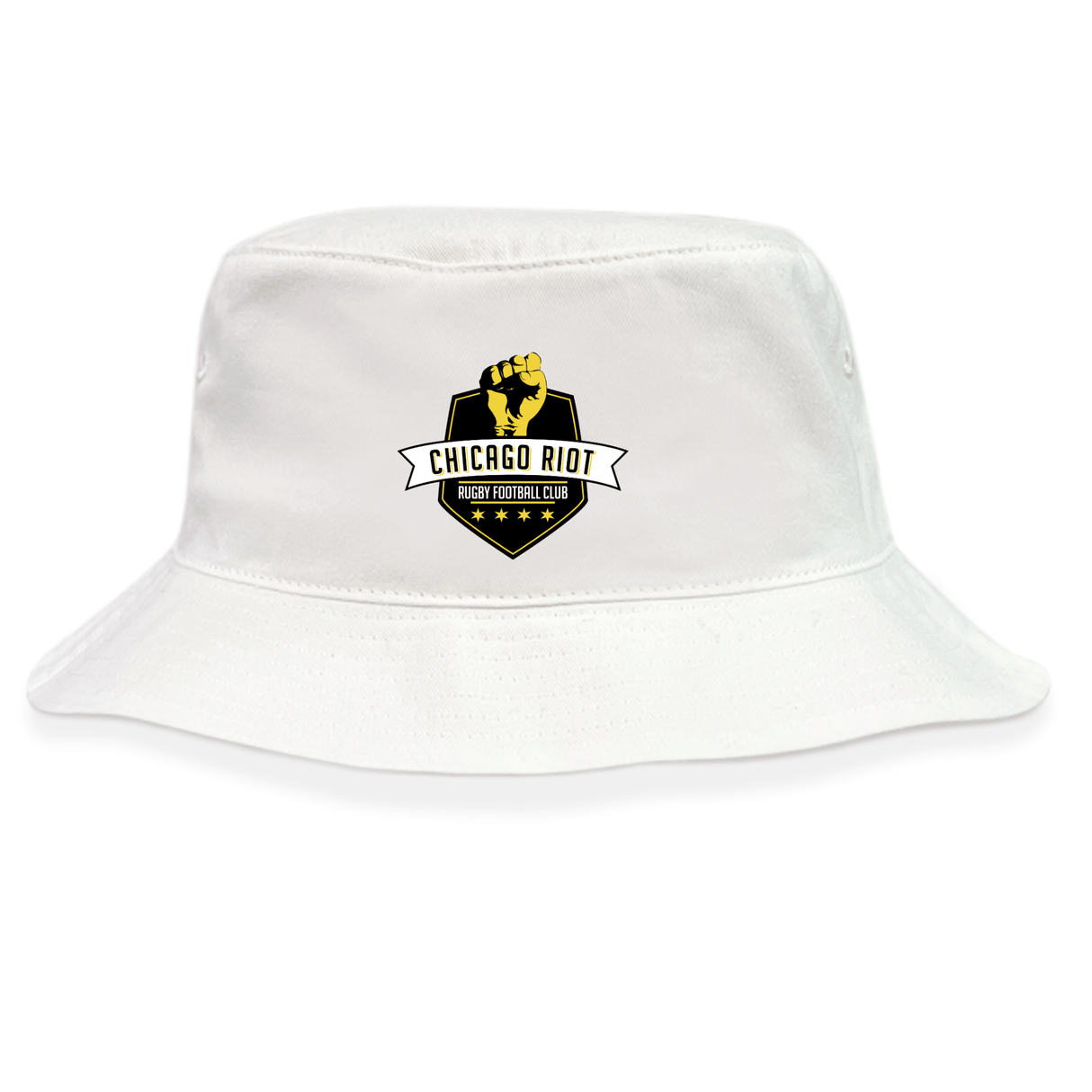 The EMB S&S Activewear Chicago Riot Crusher Bucket Cap features the Rugby Club logo with a raised fist and five stars on the front—a stylish cotton twill hat ideal for sun protection.