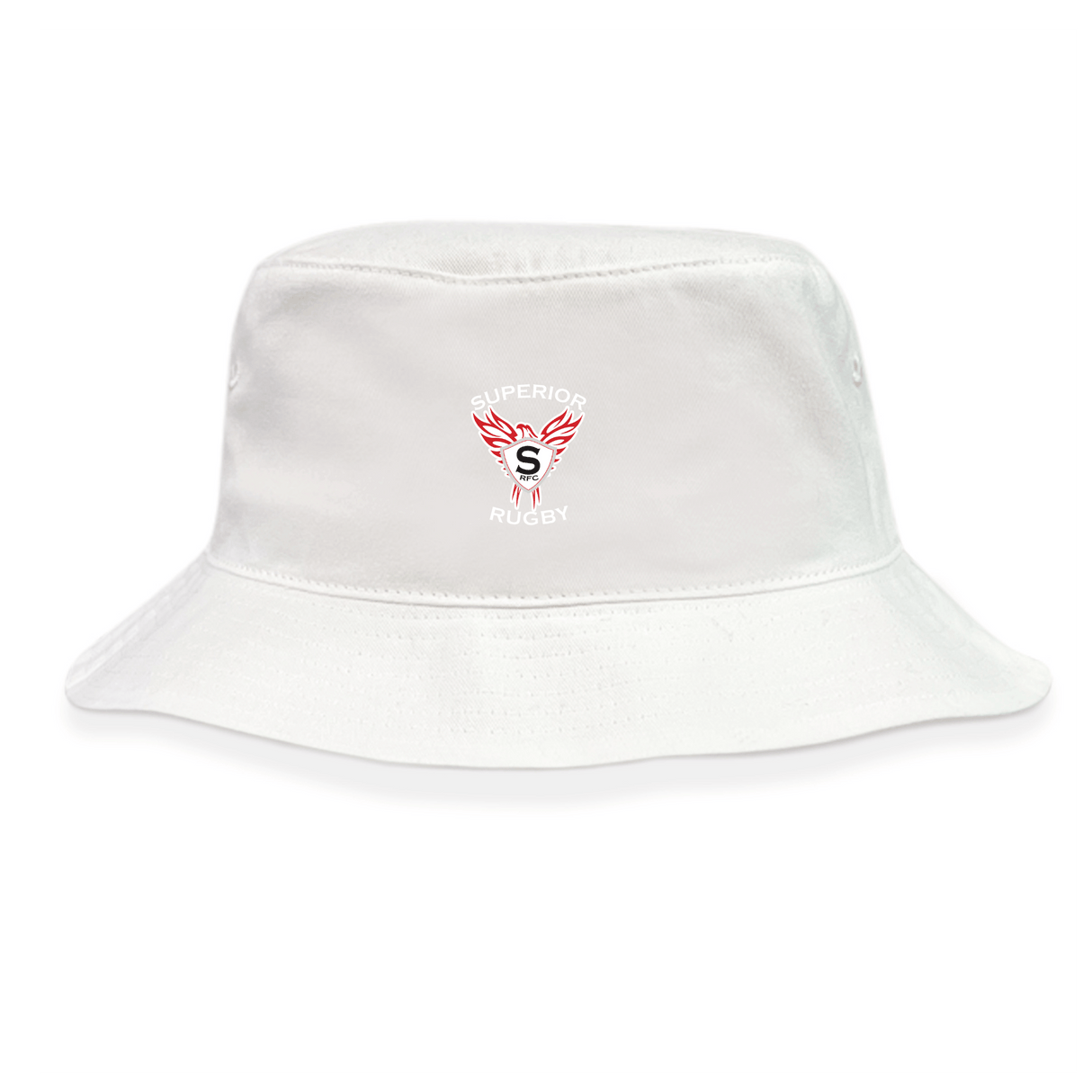 The Superior Rugby Club Crusher Bucket Cap by EMB S&S Activewear is a white cotton twill hat featuring an embroidered logo with red wings, a central "S," and "Superior Rugby" text, blending style with sun protection.