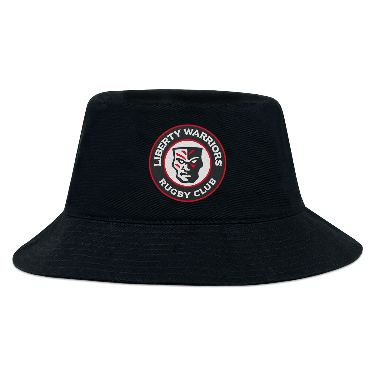 The Liberty Lake Warriors Crusher Bucket Cap by EMB S&S Activewear is a black cotton twill hat with a circular "Liberty Warriors Rugby Club" logo and stylized warrior face on the front, providing extra sun protection.