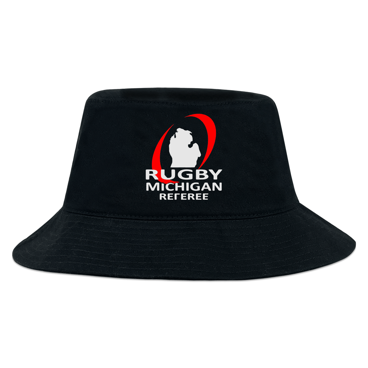 The Rugby Michigan Referee Society Crusher Bucket Cap by EMB S&S Activewear features a cotton twill build, Michigan outline, red oval, and front logo—combining unique style with sun protection.