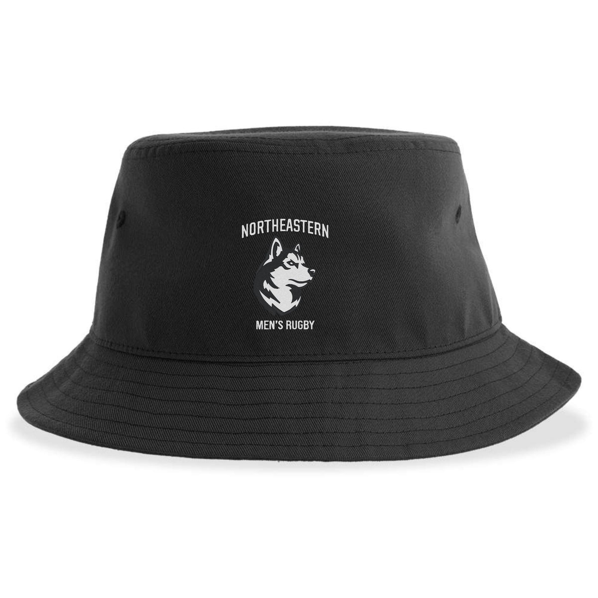 The Northeastern University Men's Rugby Crusher Bucket Cap by EMB S&S Activewear is a black cotton twill hat featuring the team's husky head logo on the front.