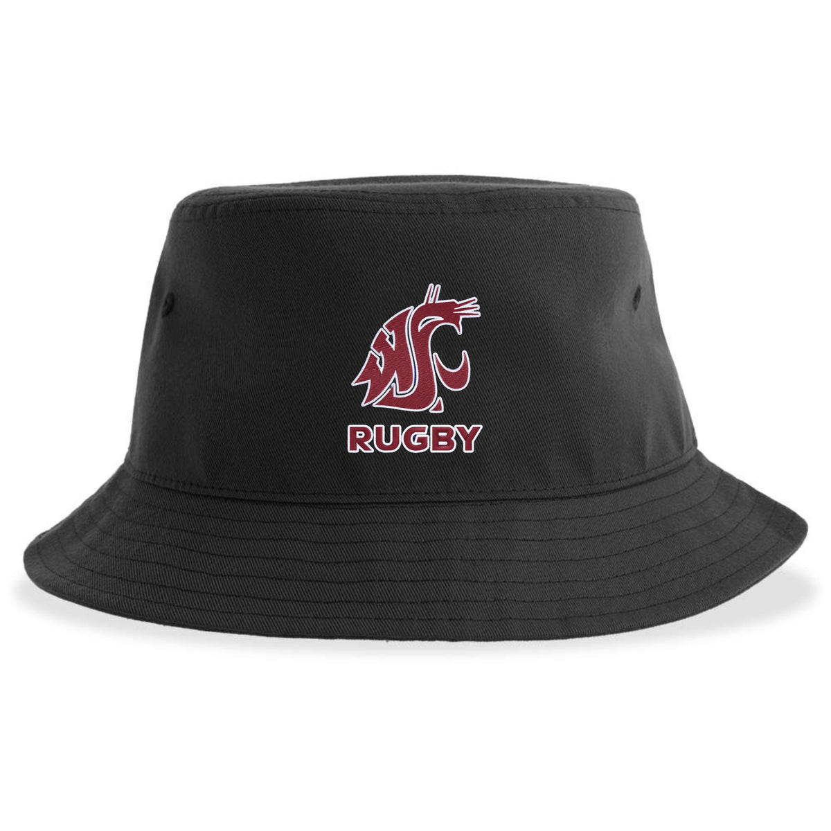 The Washington State University Crusher Bucket Cap by EMB S&S Activewear is a black cotton twill hat featuring a maroon and white cougar logo above "RUGBY" on the front, combining style with sun protection.