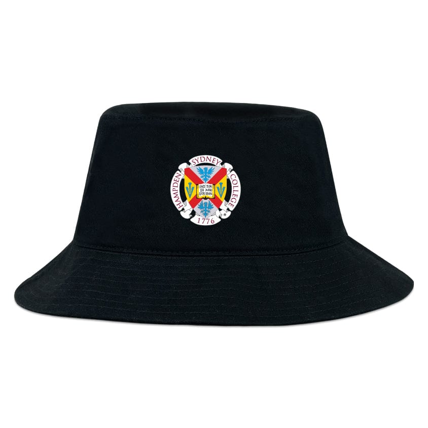 The Hampden Sydney College Crusher Bucket Cap by EMB S&S Activewear is a black cotton twill hat with the college crest embroidered on the front, combining classic style and sun protection.