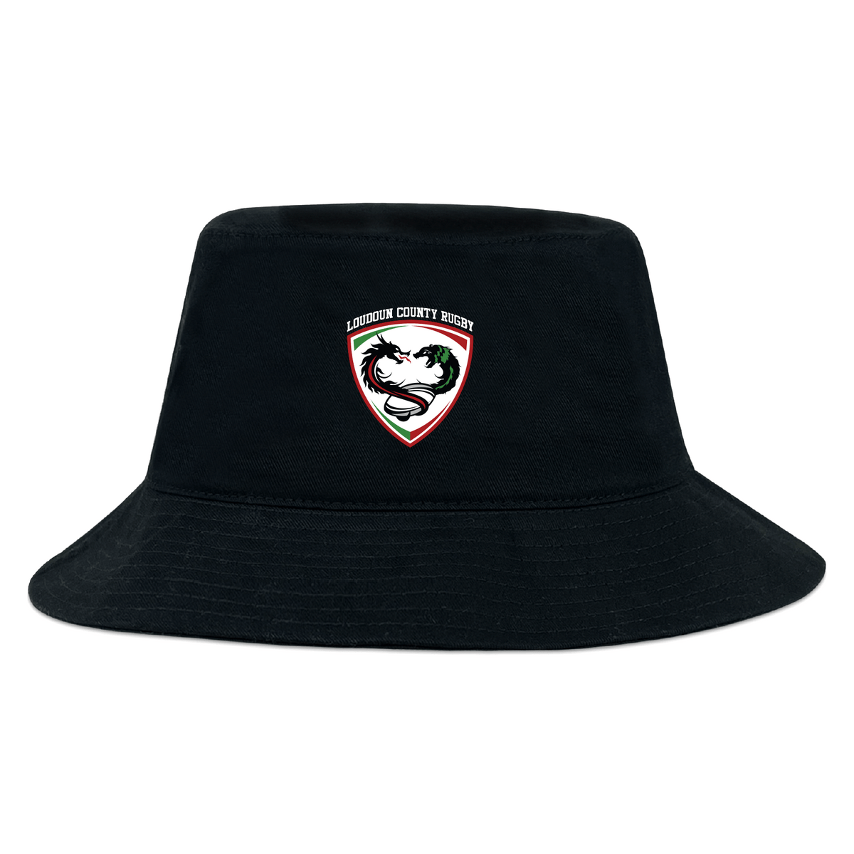 The Loudoun Crusher Bucket Cap by EMB S&S Activewear is a black cotton twill hat with a stylized horse head Loudoun County Rugby logo on the front, combining style and sun protection.