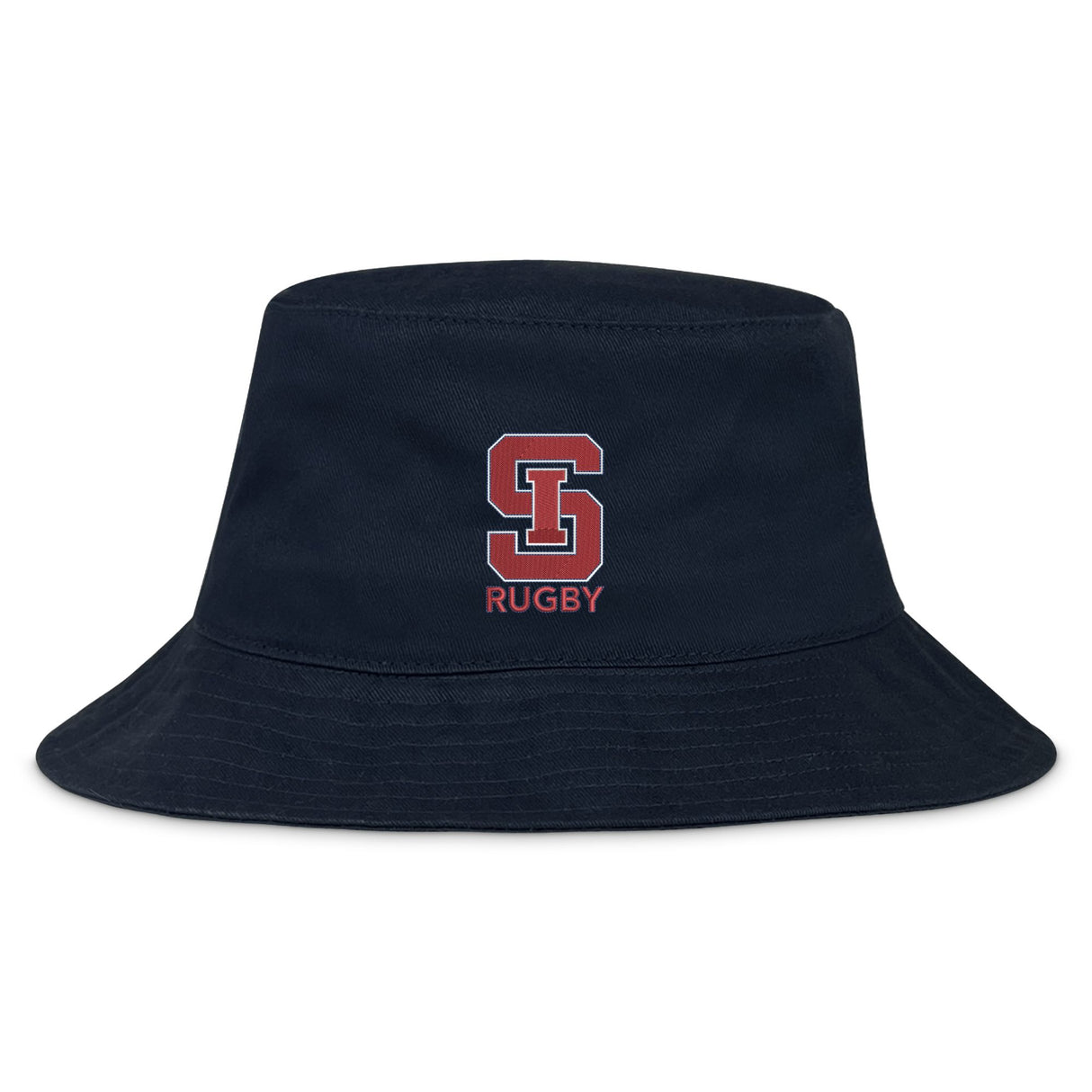 The St. Ignatius Rugby Crusher Bucket Cap by EMB S&S Activewear is a navy cotton twill hat with a red and white "S" and "RUGBY" embroidered on the front, blending classic style with sun protection.