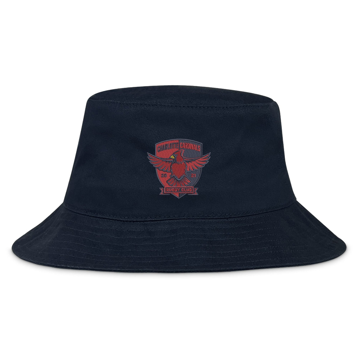 The EMB S&S Activewear Charlotte Cardinals Rugby Club Crusher Bucket Cap features a navy cotton twill build and a red embroidered cardinal and shield logo on the front, delivering classic style and sun protection.