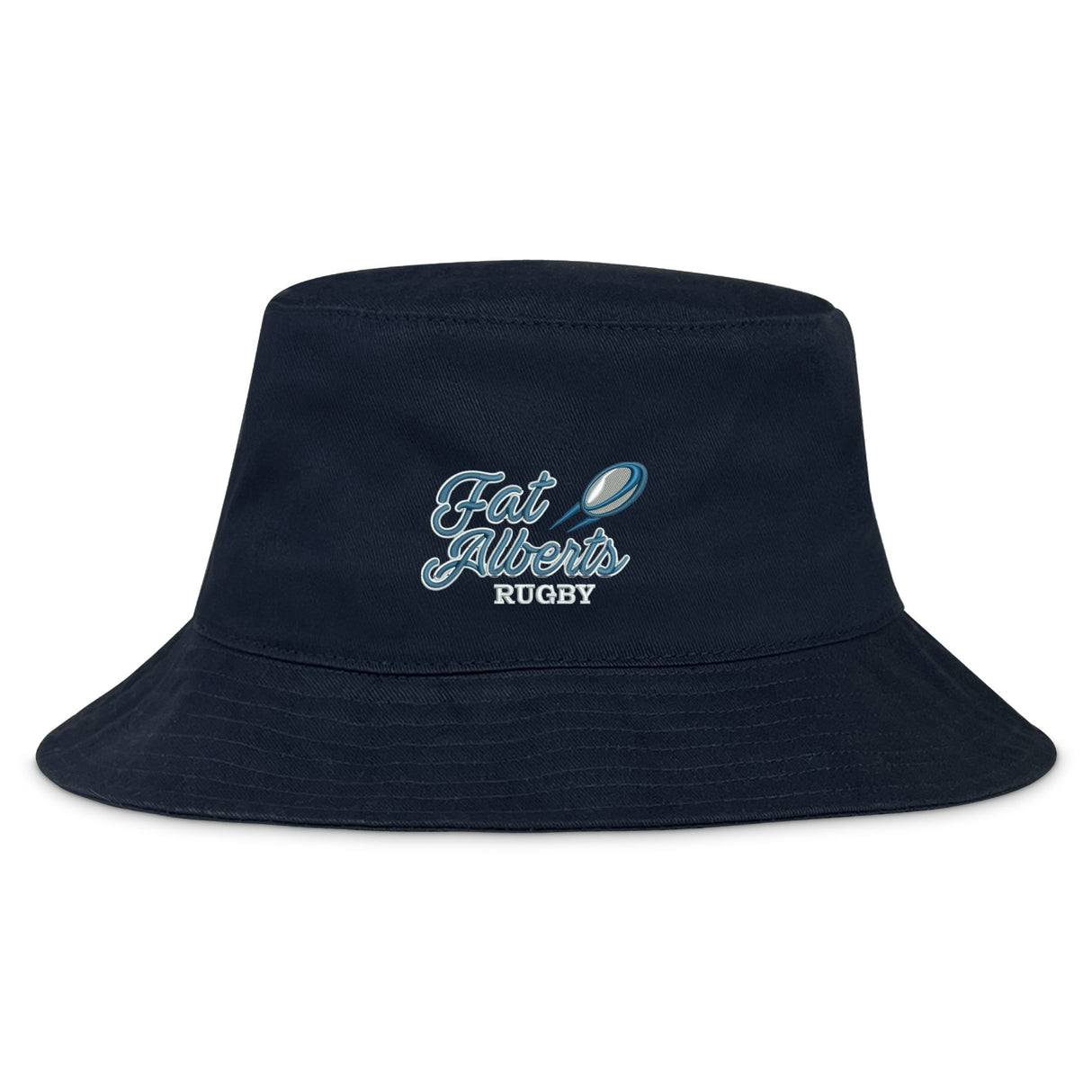 The Gulf Coast Fat Alberts Crusher Bucket Cap by EMB S&S Activewear features navy blue cotton twill, "Fat Albert's Rugby" text, and a small rugby ball embroidered on the front—delivering classic style and reliable sun protection outdoors.