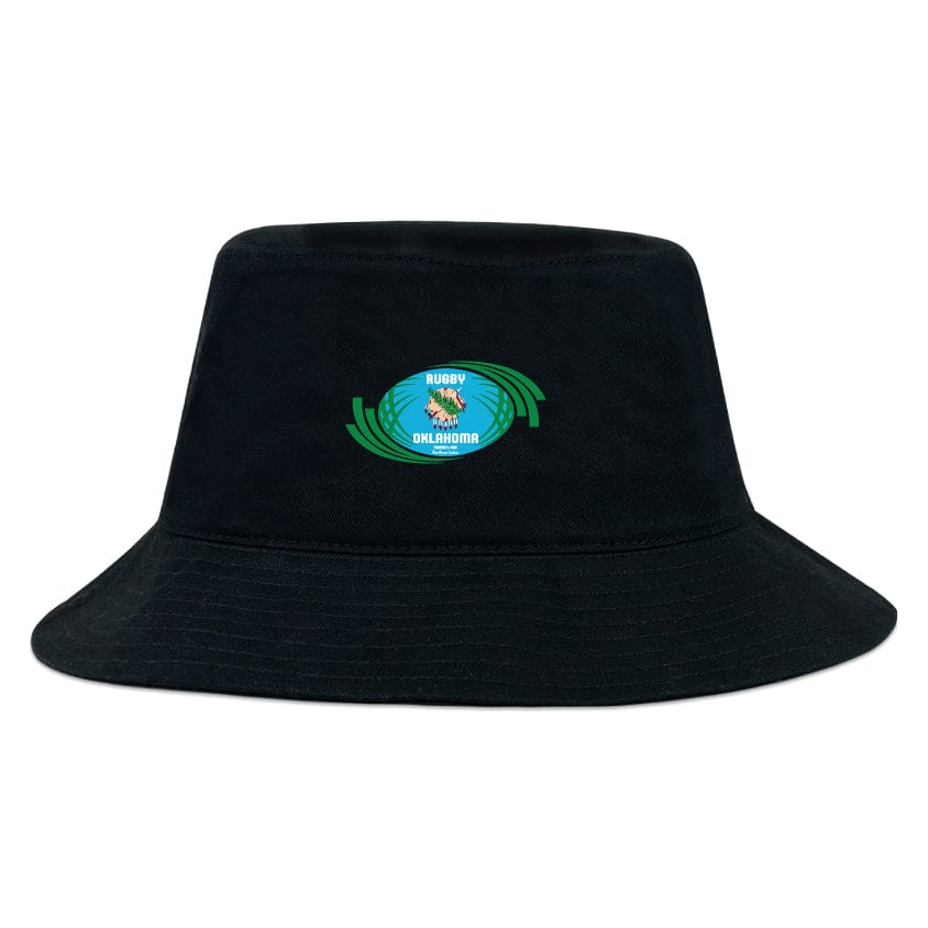 The Rugby Oklahoma Crusher Bucket Cap by EMB S&S Activewear is made of black cotton twill and features the Rugby Oklahoma logo at the center front, framed by green ovals for style and added sun protection.