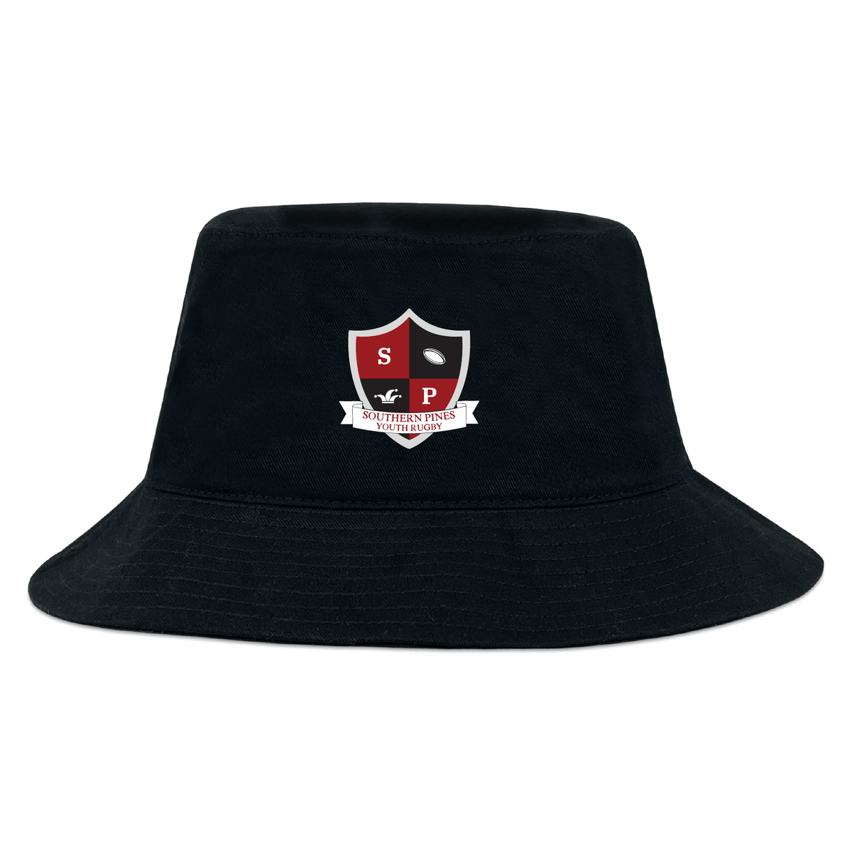 The Southern Pines Youth Rugby Crusher Bucket Cap by EMB S&S Activewear is a black cotton twill hat featuring the club crest in red, black, and white on the front center for stylish sun protection.