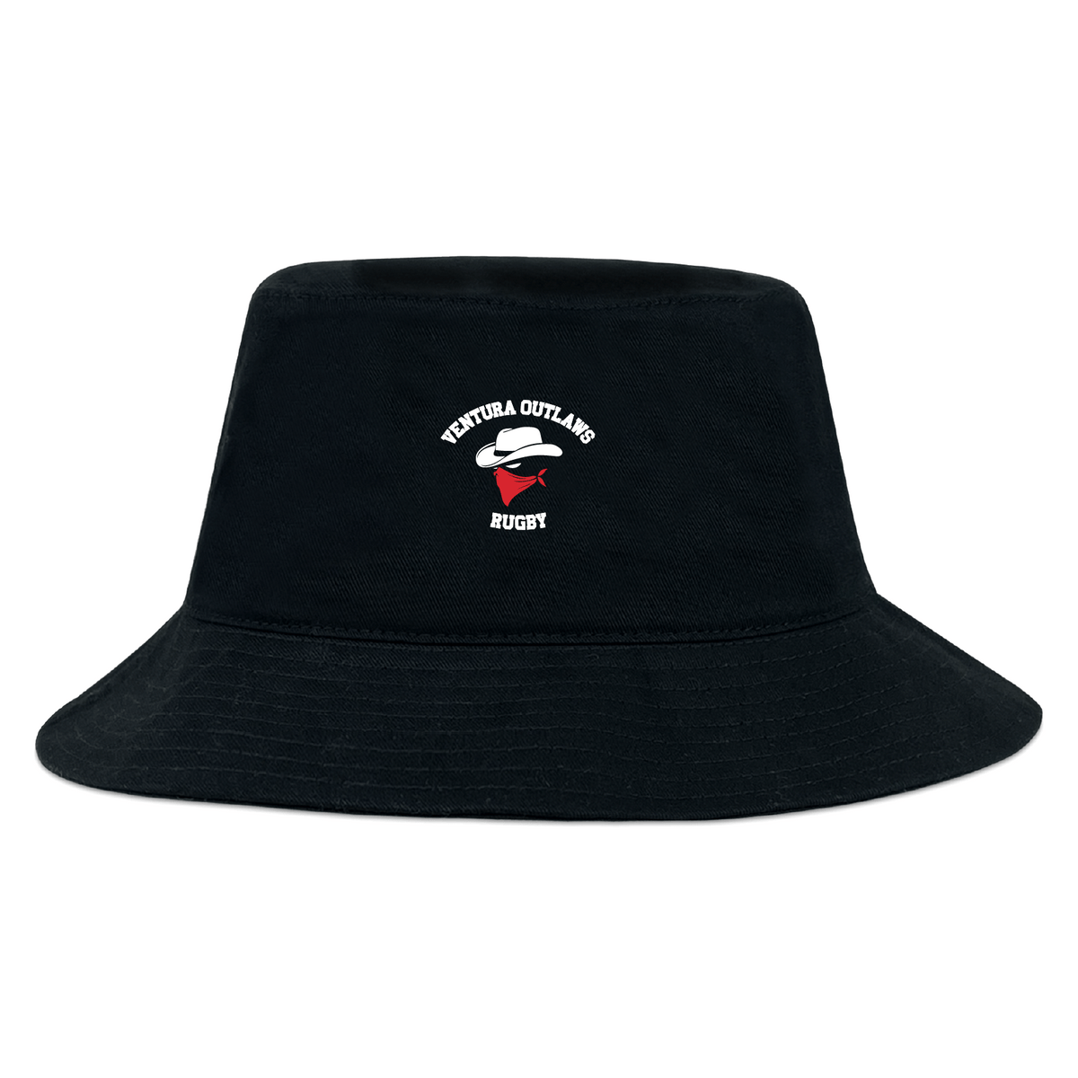 The Ventura Outlaws Rugby Crusher Bucket Cap by EMB S&S Activewear features cotton twill, a small cowboy hat logo with a red bandana and "VENTURA OUTLAWS RUGBY" on the front, delivering sun protection in style.