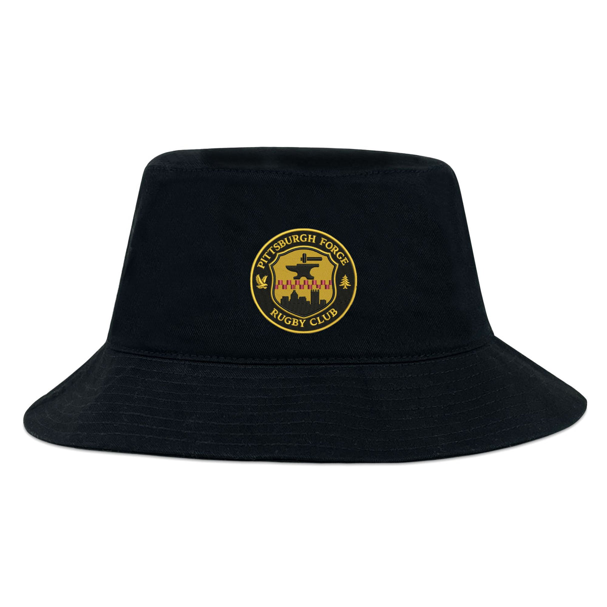 The Pittsburgh Forge Crusher Bucket Cap by EMB S&S Activewear features the rugby club logo in gold, white, and black on black cotton twill. Classic style and sun protection make it perfect for any outdoor day.