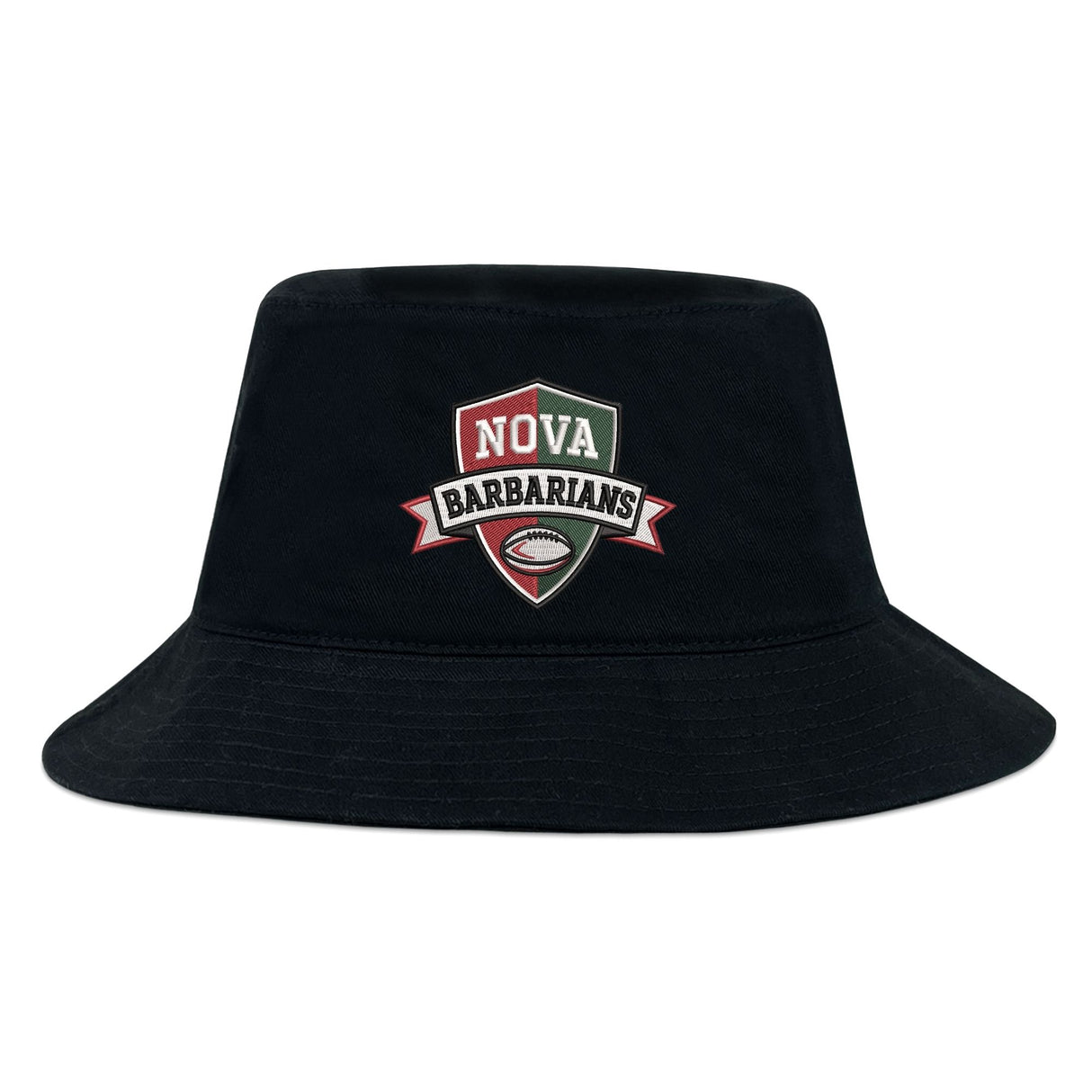The EMB S&S Activewear NOVA Barbarians Crusher Bucket Cap features a football logo patch on the front, combining sun protection with sporty style.
