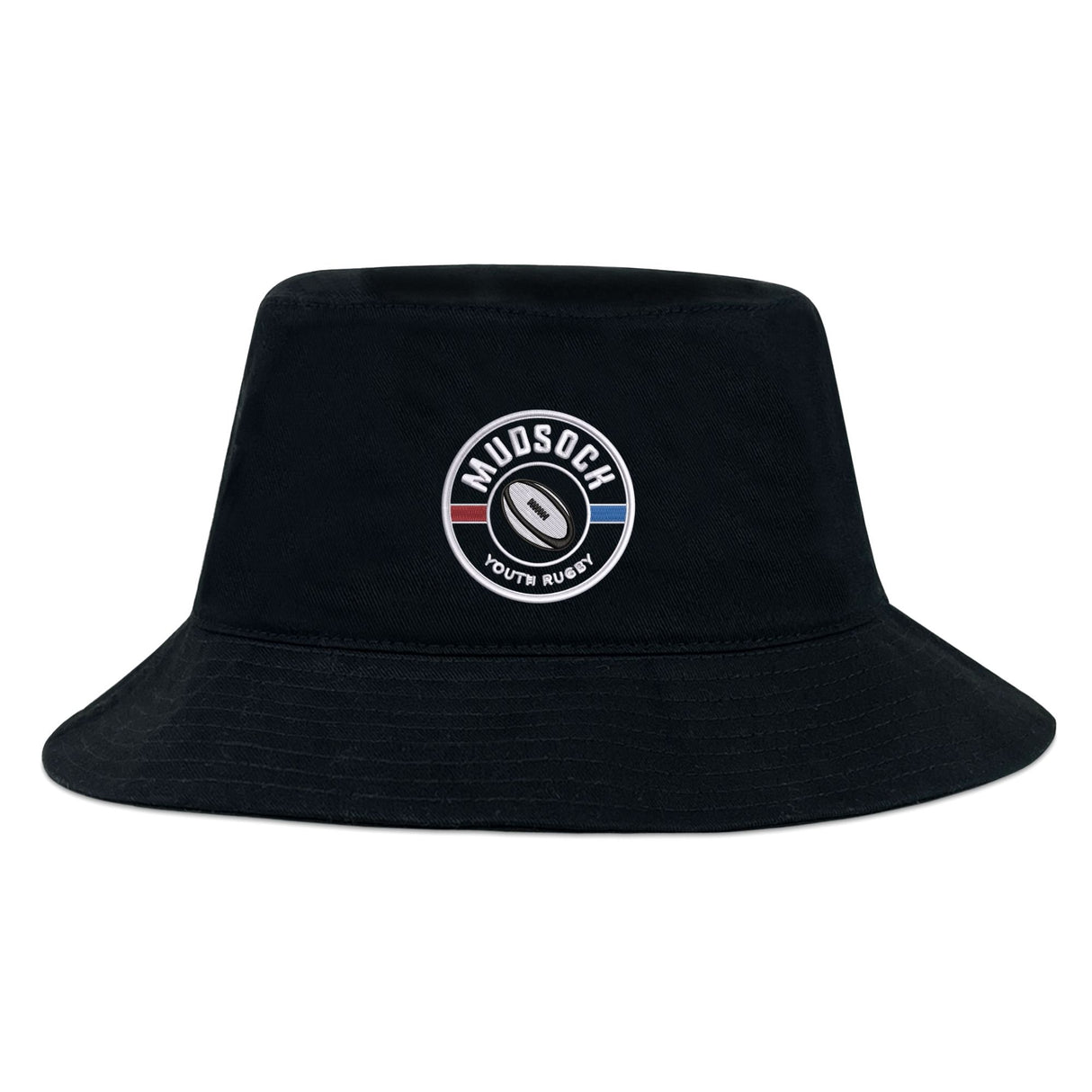The Mudsock Rugby Crusher Bucket Cap by EMB S&S Activewear features a circular "Mudsock Youth Rugby" patch with a rugby ball and red, white, and blue accents on the front, offering stylish sun protection.