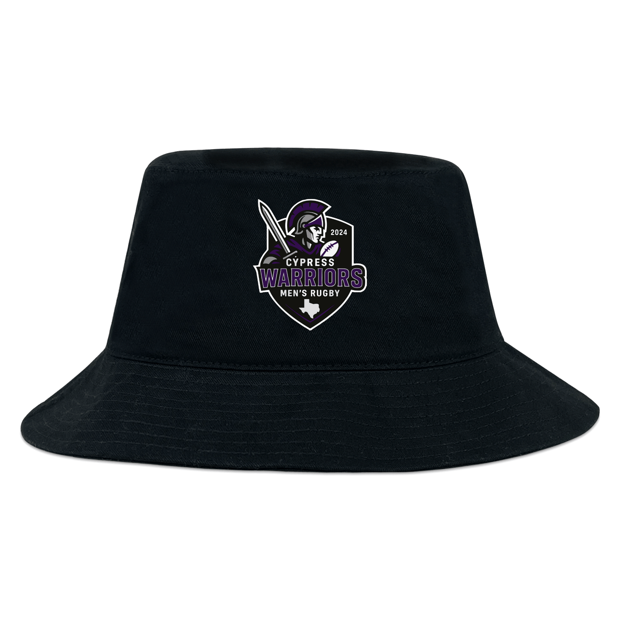 The EMB S&S Activewear Cypress Warriors Men's Rugby Crusher Bucket Cap features the 2024 team logo in purple, white, and gray on black cotton twill, combining style with sun protection.