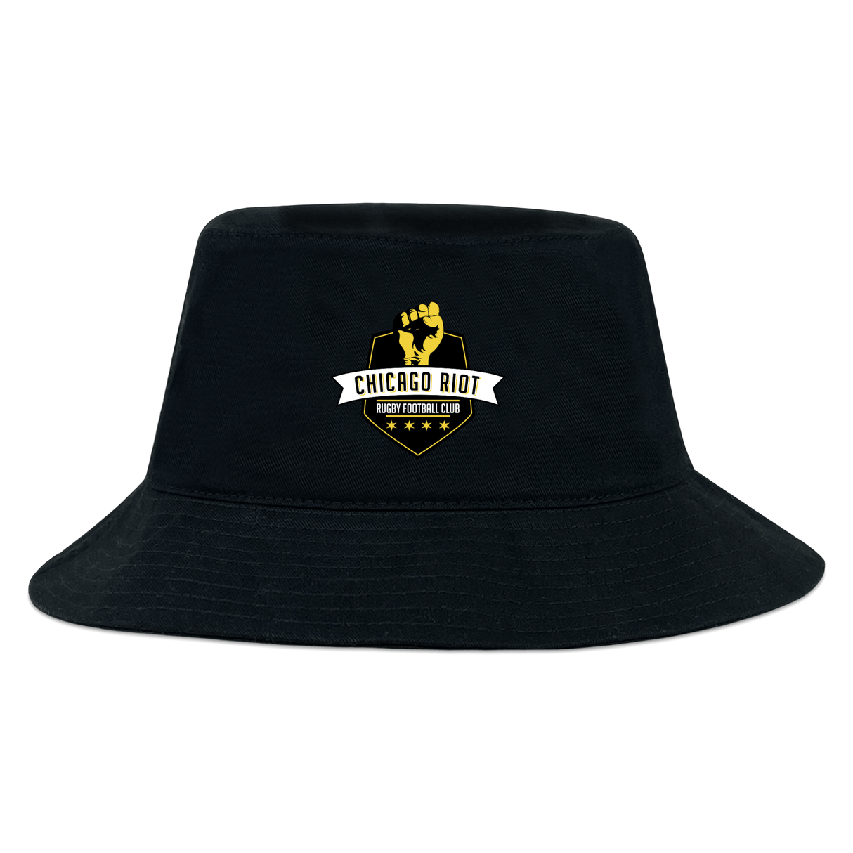 The Chicago Riot Crusher Bucket Cap by EMB S&S Activewear is a black cotton twill hat with the "Chicago Riot Rugby Football Club" logo in gold, white, and black. This stylish cap is perfect for sun protection at any outdoor event.