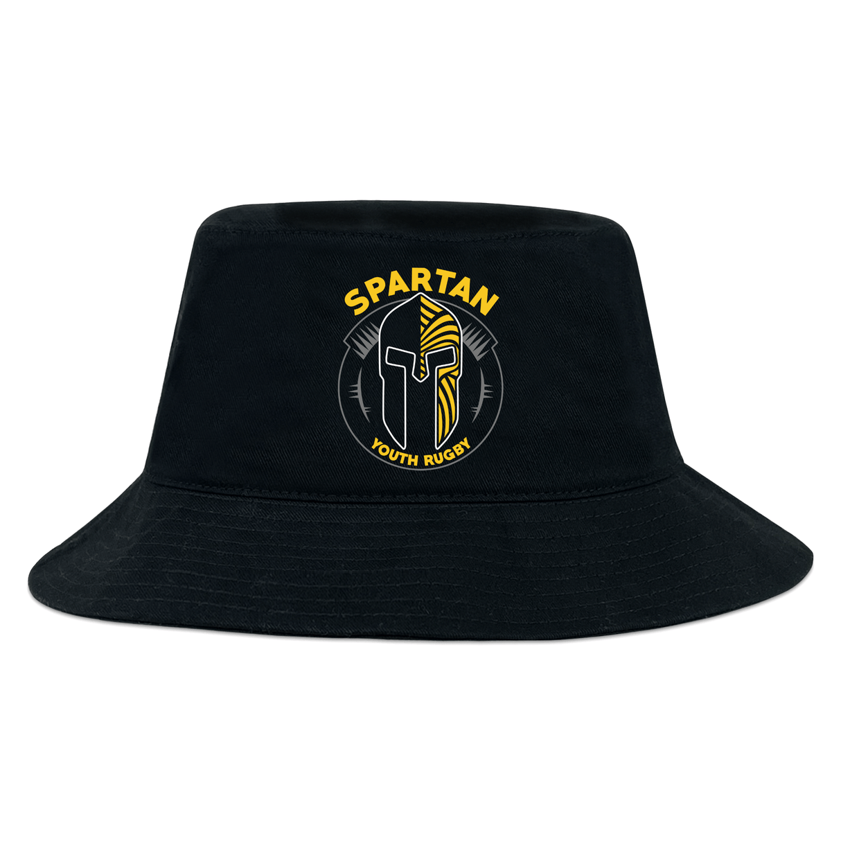 The EMB S&S Activewear Spartan Youth Rugby Crusher Bucket Cap is a black cotton twill hat with a helmet logo and yellow text on the front, offering comfort and sun protection for fans.