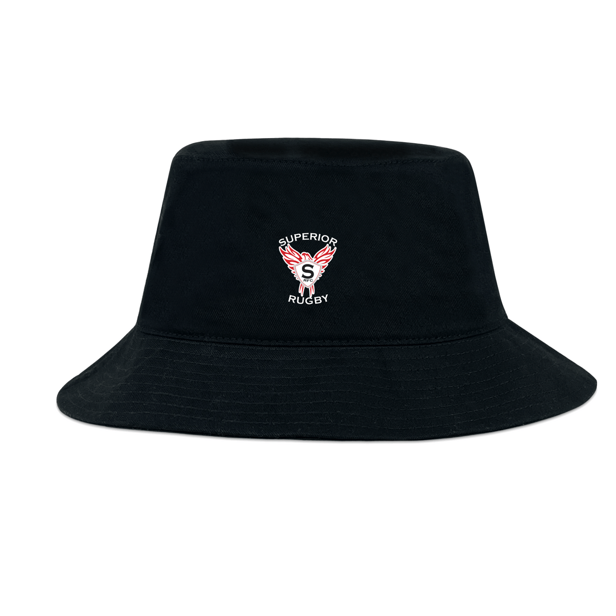 The Superior Rugby Club Crusher Bucket Cap by EMB S&S Activewear is a black cotton twill hat featuring an embroidered red and white "Superior Rugby" logo on the front, combining sun protection with sporty style.