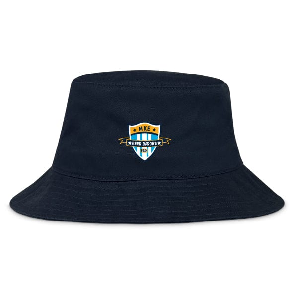 The Milwaukee Beer Barons RFC Crusher Bucket Cap by EMB S&S Activewear features black cotton twill and a colorful embroidered shield logo with "MKE Beer Barons" text, combining stylish sun protection with team pride.